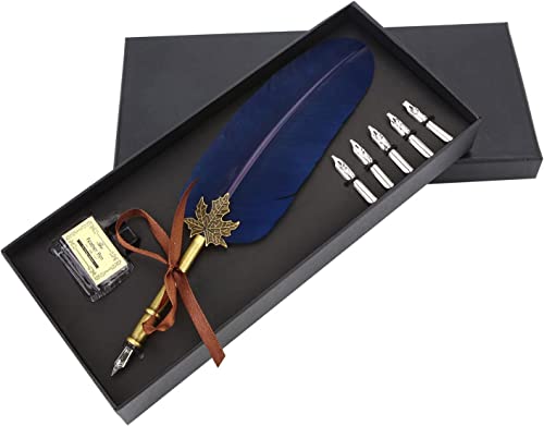 OPENDGO Feather Quill Pen Set with Ink Antique Feather Copper Pen Stem Calligraphy Set Quill Pen Writing Quill Ink Dip Pen with 5pcs Nibs in Different Size - color: Navy
