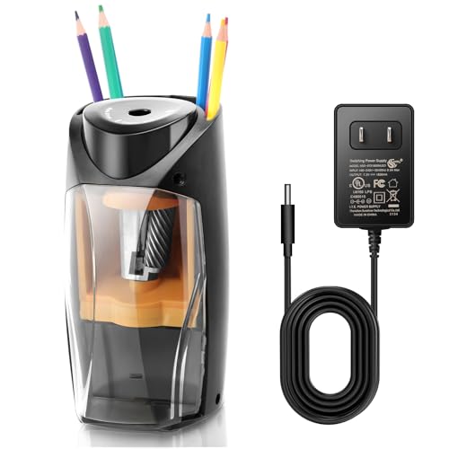Heavy Duty Electric Pencil Sharpener with Holder – Auto Stop Sharpener for No.2 & Colored Pencils, Desktop Pencil Cup Design, AC Adapter Included – Ideal for School, Office & Studio