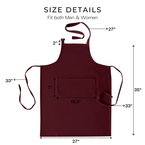 RAJRANG 100% Cotton Cooking Apron with 3 Pockets Kitchen Chef BBQ Adjustable Bib Aprons for Women Men - color: Tawny Port Maroon