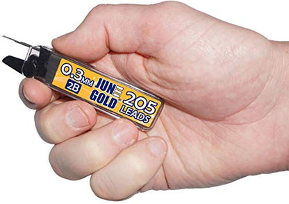 June Gold 0.3 mm, 820 Lead Refills, 2B, 4 Dispensers/w 205 Pieces Each | Extra Fine Thickness, Break Resistant Graphite, Elegant Dispensing Mechanism - color: 2b Graphite, style: 0.3 mm
