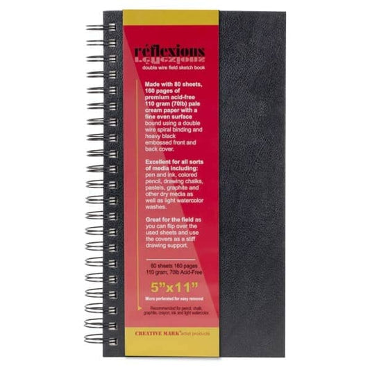Creative Mark Double Wire Spiral Bound Field Sketch Book [Pack of 24-5" x 11"], Black Embossed Leatherette Journal, Light Cream Acid-Free Paper, Perfect for Dry Media and Drawing - size: 5" x 11" - 24 Pack