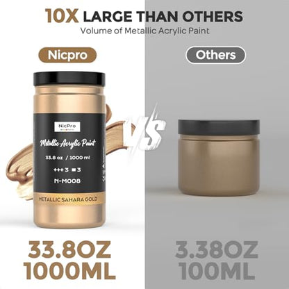 Nicpro Metallic Sahara Gold Acrylic Paint, 33.8oz/1000ml Gold Leaf Paint | Non Toxic Non Fading Craft Paint for Metal, Wood, Craft, Clay, Canvas, Furniture, Art Painting, Handcrafts, Art Supplies - color: Sahara Gold, size: 33.8 Fl Oz (Pack of 1)