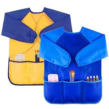 Zkptops 2 Pack Kids Art Smock Colorful Waterproof Children Art Aprons Artist Painting Aprons with Long Sleeve 3 Roomy Pockets for Age 3-7 Years,Yellow and Blue - color: 2 Pack Blue/Yellow
