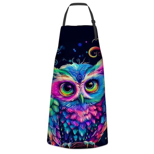 Beautiful Owl Apron for Women Men, Cooking BBQ Chef Polyester Lightweight Colorful Artistic Owls Aprons with Pockets for Baking Kitchen Gardening Cleaning, Adjustable Neck Strap, 28×33inch - color: Owl30
