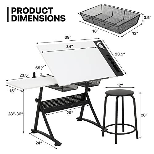 Art Deco Drafting Table, Height-Adjustable, Tiltable Tabletop, Stool for Reading Writing Painting, Homeschooling Desk for Children with 2 Storage Drawers | Stool for Reading Writing Painting, Homeschooling Desk for Children with 2 Storage Drawers，Art Deco