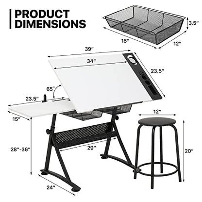 Art Deco Drafting Table, Height-Adjustable, Tiltable Tabletop, Stool for Reading Writing Painting, Homeschooling Desk for Children with 2 Storage Drawers | Stool for Reading Writing Painting, Homeschooling Desk for Children with 2 Storage Drawers，Art Deco