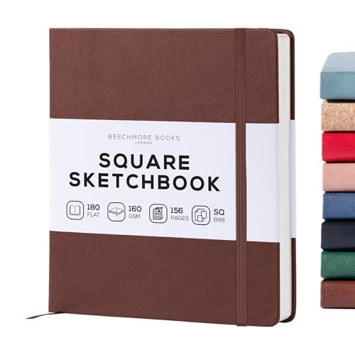 Beechmore Books 8x8 Square Mixed Media Sketchbook 160 GSM/98lb, Gift Box | Vegan Leather Hardcover Art Journal with Lay-Flat Binding, Perforated Ivory Pages for Drawing & Doodling - color: Chestnut Brown, size: Square - 8" x 8"