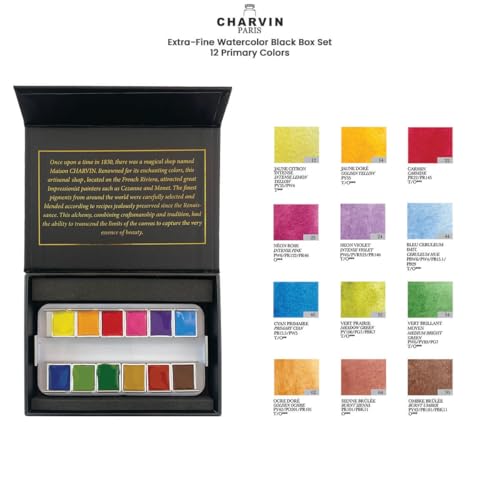 Charvin Extra-Fine Watercolor Pan Set, Primary - Handmade Box Set of 12 Half-Pans - Professional Watercolor Paint Set, Made in France, Smooth Shellac-Like Finish, Glossy & Highly Transparent Pigment - color: Primary