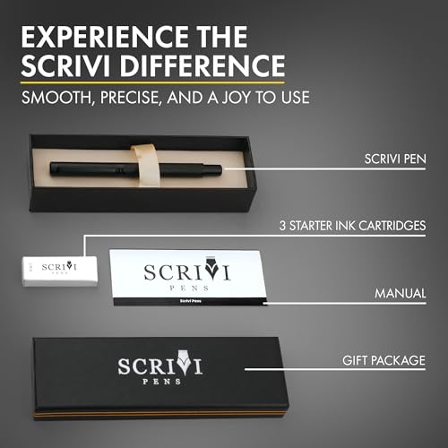 SCRIVI PENS Fountain Pen Set, Medium Nib, 5 Ink Cartridges, Black - color: Black, style: Medium Nib