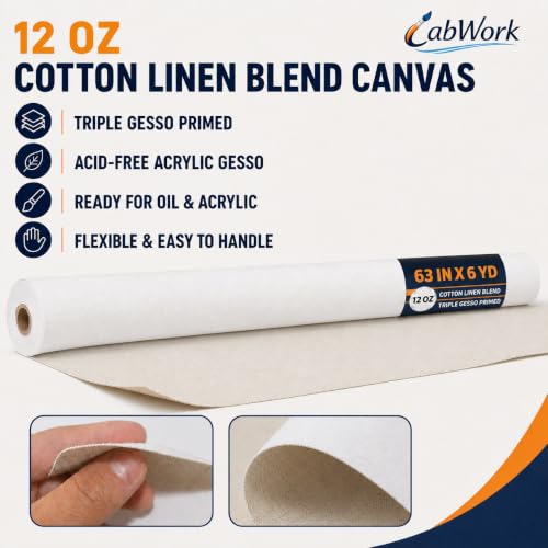 Large Cotton-Linen Blend Canvas Roll for Painting, 63 in x 6 yd | 12 oz Pre-Primed, Triple-Layer Acid-Free Gesso, Ready for Oil & Acrylic, Brush Set Included, For Murals & Oversized Art - size: 63 in × 6 yd