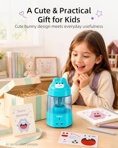 ZMOL Blue Bunny Electric Pencil Sharpener, 6-8mm, Rechargeable, Stickers | Fast Sharpening, Auto Stop,3 Modes for No.2 and Colored Pencils, Quick Charge,Kids Gift, for Home/Classroom/School/Art Studio - color: Blue