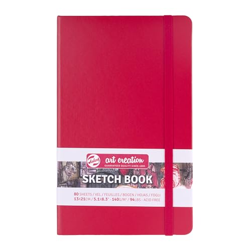 Talens Art Creation Sketchbook Red 13X21 cm, 140 Grams | Hard-Bound Pocket Notebook, 140 GSM/94 lbs Paper, Acid-Free Cream Blank Paper, Ribbon Bookmark and Elastic Closure - color: red, size: 13×21cm
