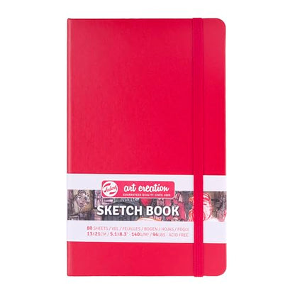 Talens Art Creation Sketchbook Red 13X21 cm, 140 Grams | Hard-Bound Pocket Notebook, 140 GSM/94 lbs Paper, Acid-Free Cream Blank Paper, Ribbon Bookmark and Elastic Closure - color: red, size: 13×21cm