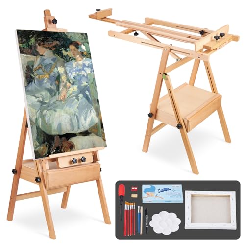 YOKUGO Beech Wood H-Frame Painting Easel with Storage Drawer, Natural | Heavy-duty Studio Easel, Adjustable Height & Angle Floor Easel Stand, Holds 30"-50" Canvas, Foldable Artist Easel for Adults - color: Natural