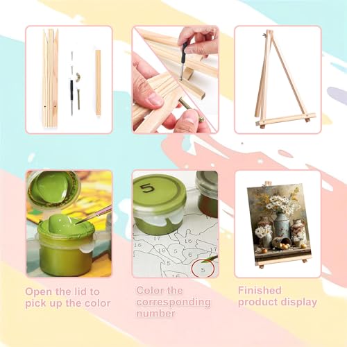 4 Pack Flower Paint by Numbers for Adults with Framed Canvas - Wooden Easel - color: BKH2107+BKH2108+BKH2109+BKH2110