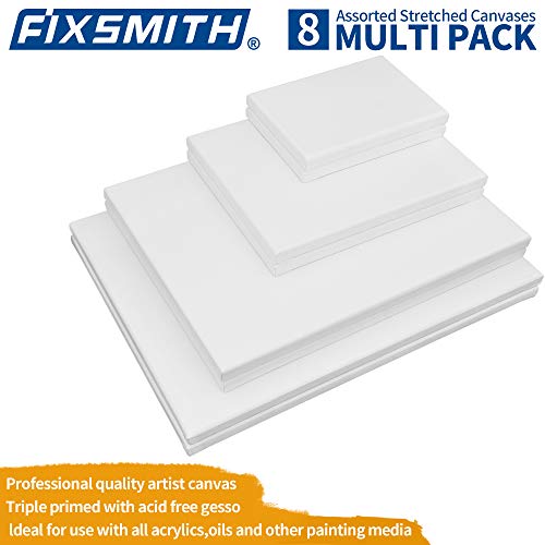 Stretched Canvas, Multipack of 8, 5x7, 8x10, 11x14 & 12x16 Inches - 2 of Each, 100% Cotton, 8 oz Gesso-Primed, Art Supplies for Acrylic and Oil Painting. - size: Multipack-8Pack