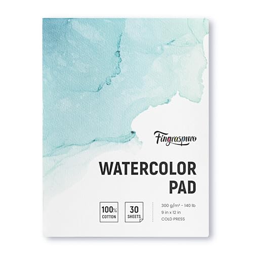Fingraspuro 9x12 Watercolor Pad, 100% Cotton, Cold Press, 30 Sheets | 140 lb/300 gsm acid-free paper, glue bound, durable for wet media, scraping, and art journaling