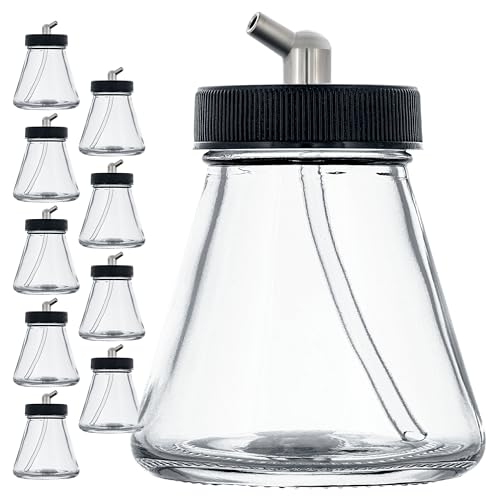 Master Airbrush (Pack of 10) TB-004 Empty 2.7-Ounce (80cc) Glass Jar Bottles with 60° Down Angle Adaptor Lid Assembly - Fits Single-Action Siphon Feed Airbrushes, Use with Master Badger Paasche, Iwata - size: 2.7oz - Glass - 60°