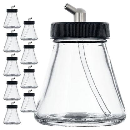 Master Airbrush (Pack of 10) TB-004 Empty 2.7-Ounce (80cc) Glass Jar Bottles with 60° Down Angle Adaptor Lid Assembly - Fits Single-Action Siphon Feed Airbrushes, Use with Master Badger Paasche, Iwata - size: 2.7oz - Glass - 60°