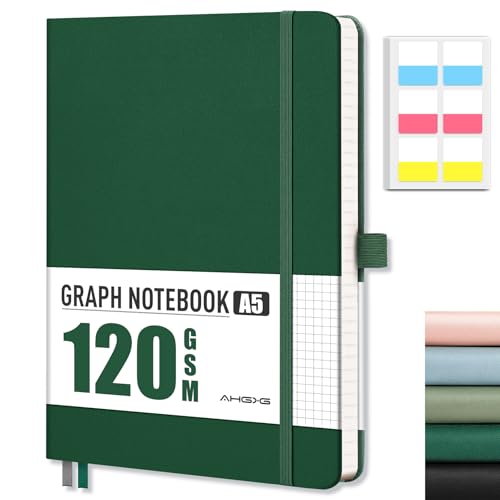 AHGXG Graph Paper Notebook, 120 GSM Paper, 160 Pages, A5 (5.7'' X 8.3'') - color: Dark Green, style: A5-Grid-120G