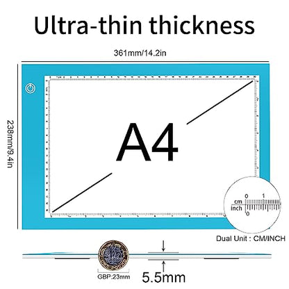 Light Box Drawing Pad, Tracing Board with Type-C Charge Cable and Brightness Adjustable for Artists, AnimationDrawing, Sketching, Animation, X-ray Viewing (A4-P-Blue-New)
