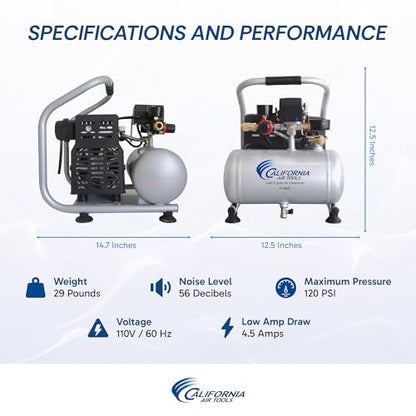 California Air Tools CAT-1P1060S Light & Quiet Portable Air Compressor, Lightweight, Ultra Quiet, Oil-Free, 1 Gallon Steel Tank, .6 HP, 56 dBA Noise Level, Silver | Light & Quiet, Lightweight, Ultra Quiet, Oil-Free, 1 Gallon Steel Tank, .6 HP, 56 dBA Nois