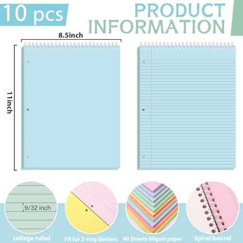 10 Packs 8.5 x 11 inch Top Spiral Notebook with 3 Hole Punched Legal Pads 40 Sheets College Ruled Notepad Hard Cardboard Paper Wirebound Pads for Business School Office Home Supplies (Pastel) - color: Pastel