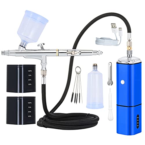 Cordless Airbrush Kit with Compressor Dual Action Rechargeable Detachable Air Brush Gun Portable for Makeup Art Painting Craft Cake Tattoo Model Barber with Two Replacement Batteries - color: Blue, size: 2pcs Replaceable Batteries