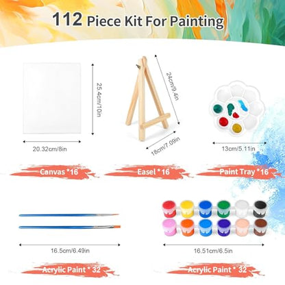 16 Pack 8 * 10In Canvas Boards for Painting, Art Canvas for Drawing with 32 Brushes & 16 Paint Trays & 32 Acrylic Paint, Mini Painting Canvas with Easel Set, Painting Kits for Adults Party - style: Pack of 16