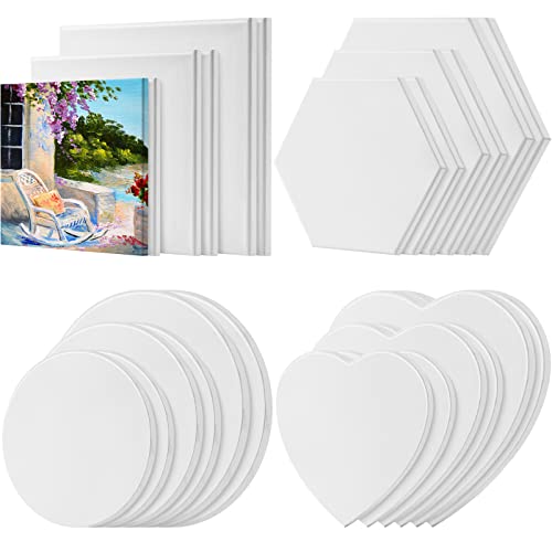 Thenshop 24 Pieces Stretched Canvas for Painting Bulk Blank Canvas Board, Square Round Hexagon Heart Shaped Frame for Kids Art Supplies for Acrylic Pouring Oil Painting(Assorted Shapes) - style: Assorted Shapes