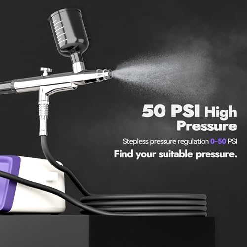 50PSI Dual Action Airbrush Kit with Compressor 0.2/0.4/0.5mm Nozzle Set | Non-clogging with 0.2/0.4/0.5mm nozzles & cleaning set. Dual-action brush for cake decor, makeup, nails & DIY – versatile!