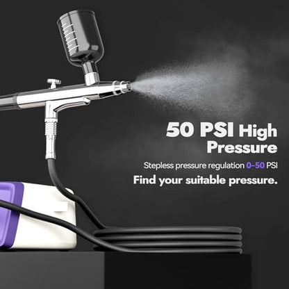50PSI Dual Action Airbrush Kit with Compressor 0.2/0.4/0.5mm Nozzle Set | Non-clogging with 0.2/0.4/0.5mm nozzles & cleaning set. Dual-action brush for cake decor, makeup, nails & DIY – versatile!