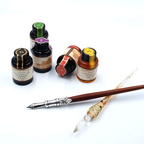 MU-02 Calligraphy Pen Set, Glass Dip Pen and Handcrafted Wooden Dip Pen Gift Set with 5 Colors Calligraphy Ink 6 Nibs, Calligraphy Set for Beginners