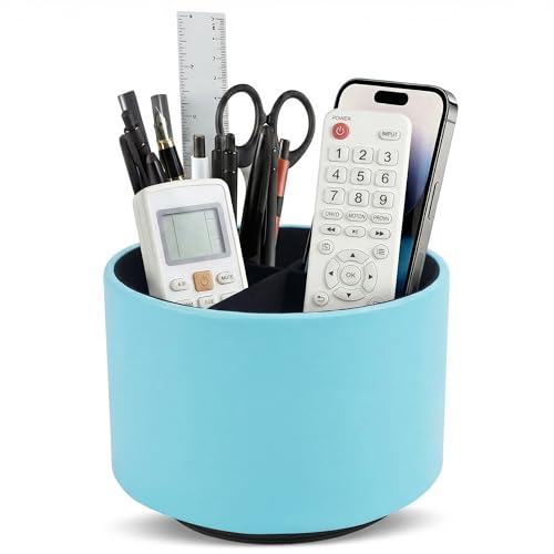 Round Leather Art Supply Organizer,Remote Control Holder,360 Degree Spinning,Multi-Functional Pencil Holder,4 Compartments Desktop Stationary Organizer(1-Sheep Blue) - color: 1-Sheep Blue