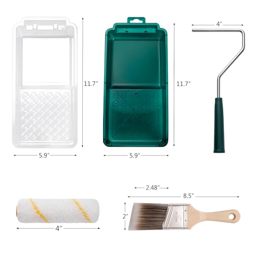 Paint Roller Kit, 17 Pack, 4 Inch Paint Roller, Paint Brush | Small Paint Roller with Tray Liners, Microfiber Roller Covers, Mini Paint Kit for Painting Walls, Doors, Cabinets and Trims - color: 4" paint roller kits, paint brush