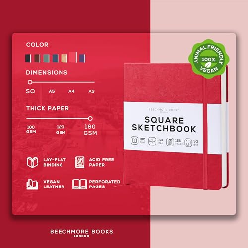 Beechmore Books 8x8 Square Mixed Media Sketchbook 160 GSM/98lb, Gift Box | Vegan Leather Hardcover Art Journal with Lay-Flat Binding, Perforated Ivory Pages for Drawing & Doodling - color: Scarlet Red, size: Square - 8" x 8"