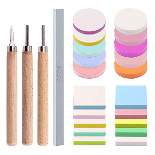 Swpeet 22Pcs 50mm Flat Round and Square Rubber Stamp Carving Blocks with 3Pcs Carving Knife Tools and Knife Polish Stone Kit, Double-Sided Removable Printing Carving Block for Scrapbooking Postcards