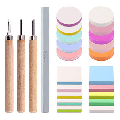 Swpeet 22Pcs 50mm Flat Round and Square Rubber Stamp Carving Blocks with 3Pcs Carving Knife Tools and Knife Polish Stone Kit, Double-Sided Removable Printing Carving Block for Scrapbooking Postcards