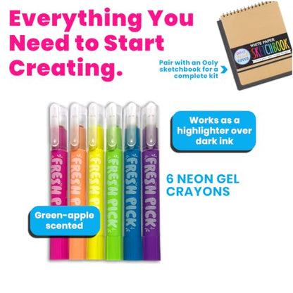 Ooly Scented Neon Gel Crayons, Set of 6, Twist-Up | Ages 6+, Crisp Green Apple Scent, Smooth Gliding, Bright Neon Colors, Use as Highlighters for Notes and Journaling - style: Scented Neon Gel Crayons
