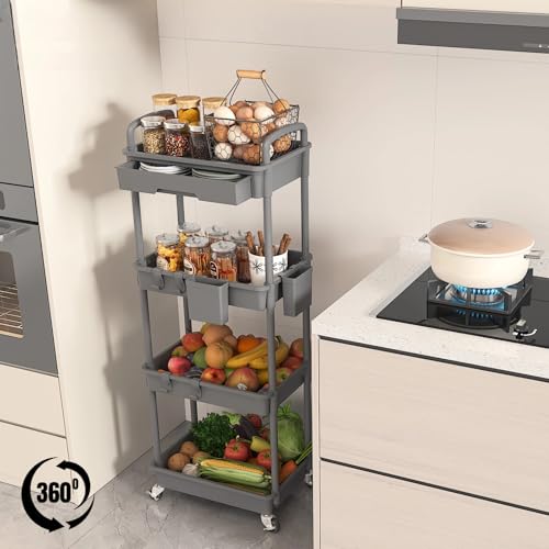 4 Tier Rolling Utility Cart with Drawer, Plastic Storage Organizer Rolling Carts with Wheels Handles Hanging Cups Hooks for Office, Bathroom, Kitchen,Craft Art Room (Grey) - color: Gray, size: 4-Tier