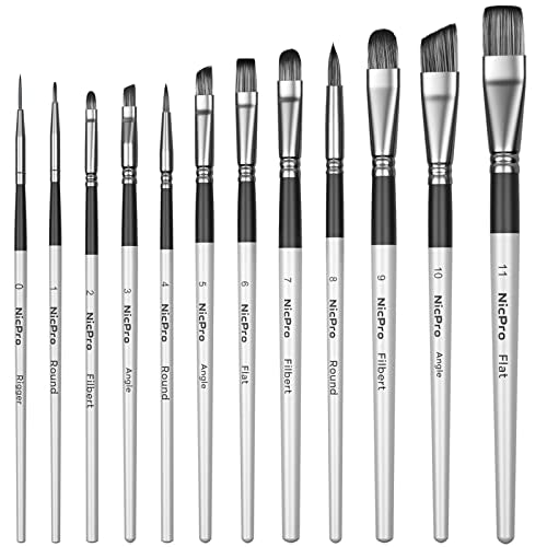 Nicpro 12pcs Artist Paint Brush Set, Paint Brushes for Acrylic Painting | Craft Paintbrushes for Oil Watercolor Gouache, Tempera, Face Body, Fabric Leather Model, Art Supplies for Artists Beginners - color: Silver