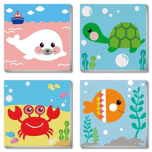 Canrichshop 4 Pack Framed Paint by Numbers Kit for Kids,Cute Sea Animals Painting Kits for Ages 4-6,Easy Paint by Number Kids Paint for Beginner,DIY Acrylic Oil Painting Kit for Wall Decor(8X8inch) - color: BKH687+BKH688+BKH689+BKH690