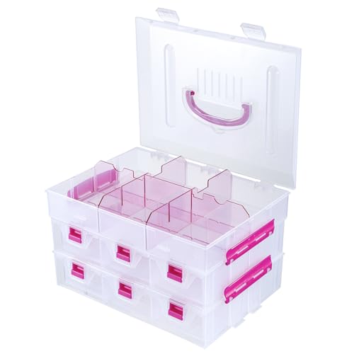 MyGift 11 Inch Clear Arts and Crafts Stackable Container, Sewing Supplies Storage Organizer Case with Pink Accents, 24 Customizable Compartments, and 6 Drawers with Removable Dividers - color: Pink