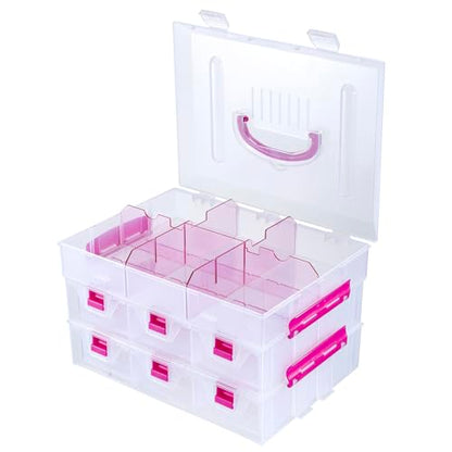 MyGift 11 Inch Clear Arts and Crafts Stackable Container, Sewing Supplies Storage Organizer Case with Pink Accents, 24 Customizable Compartments, and 6 Drawers with Removable Dividers - color: Pink