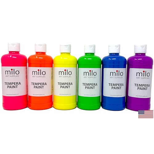 milo Fluorescent Washable Tempera Paint Set, 6 Neon UV Colors, 16oz Bottles | Glows UV in Black Light, Made in USA, Safe & Non-Toxic Paint for Arts & Crafts, Poster, Window, Classroom, School, Project - style: Fluorescent Tempera 6 x 16 oz