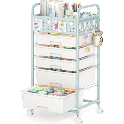 5 Drawer Rolling Storage Cart with Pegboard Top and Hooks, Green - color: Green, size: 5-Drawers