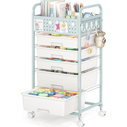 5 Drawer Rolling Storage Cart with Pegboard Top and Hooks, Green | Mobile Utility Organizer with Wheels for Office Supplies, Craft Storage, Classroom Organization, Home Storage Cart - color: Green, size: 5-Drawers