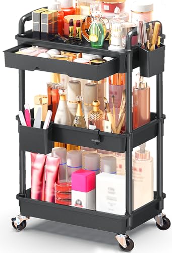 SUNALLY Makeup Cart Organizer with Drawer,3 Tier Rolling Makeup Cart, Black - color: Black, size: 3 Tier