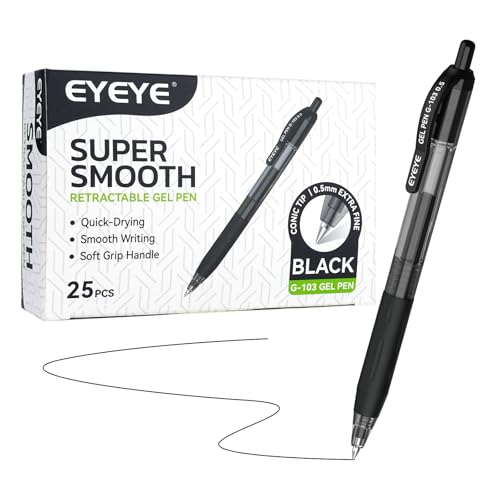 EYEYE G-103 Retractable Gel Pens Black 0.5mm, 25 Pack Extra Fine Point Gel Ink Pens Quick Drying, 0.5 mm Fine Piont Ballpoint Pen Smooth Writing for Office School Supplies - color: Black, size: 0.5mm