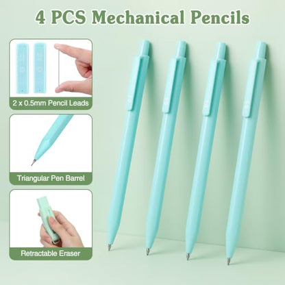 MoKo Pencil Case with Supplies, 49Pcs Aesthetic School Set, Green | Includes gel pens, highlighters, 0.5 mm mechanical pencils and refills, an eraser, sticky notes and index tabs. - color: Green-49P